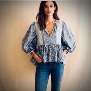 American Eagle Blue White Ditsy Cottage Core Prairie Boho Floral Ruffle Top XS